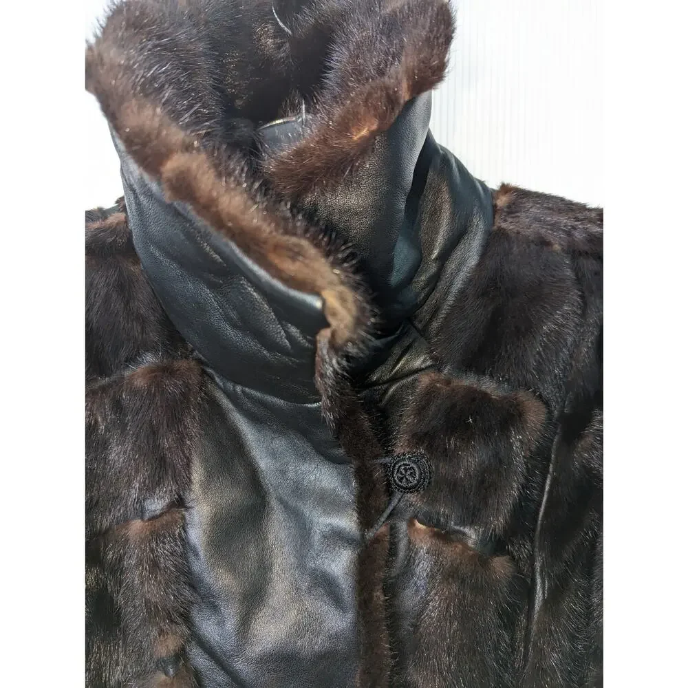 Vintage 70's Dayton's Black Leather Coat with Fur Accents Tie Waist Black Brown - Picture 5 of 14